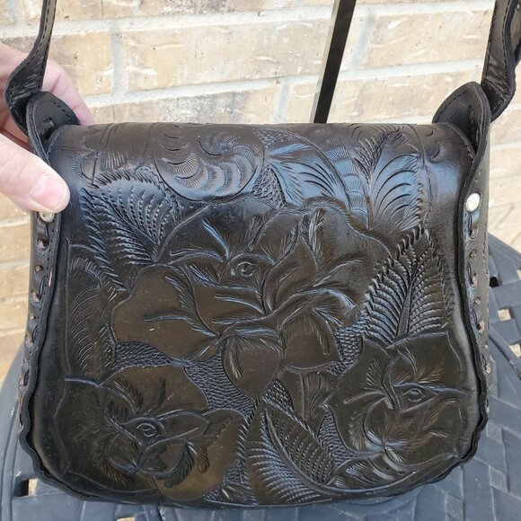 Mexican Hand Tooled Black Leather Bag - Picture 5 of 13